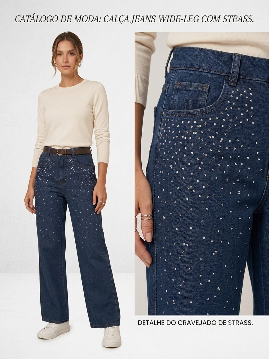 Calça Jeans Wide Leg Strass